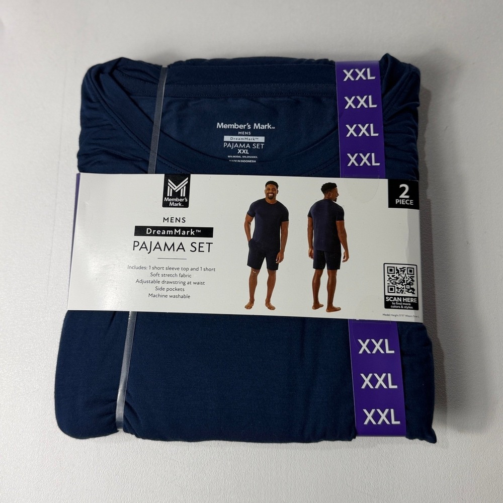 Member's Mark Mens DreamMark Pajama Set Navy Blue XXL 2 Piece Shirt and Shorts